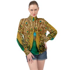 Peacock Feather Bird Peafowl High Neck Long Sleeve Chiffon Top by Cemarart