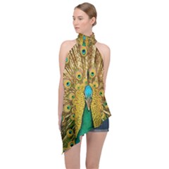 Peacock Feather Bird Peafowl Halter Asymmetric Satin Top by Cemarart