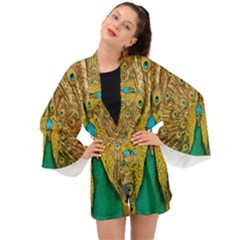 Peacock Feather Bird Peafowl Long Sleeve Kimono by Cemarart