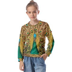 Peacock Feather Bird Peafowl Kids  Long Sleeve T-shirt With Frill 