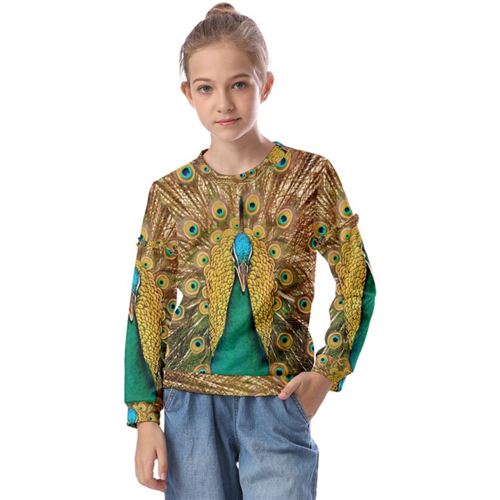 Peacock Feather Bird Peafowl Kids  Long Sleeve T-Shirt with Frill 