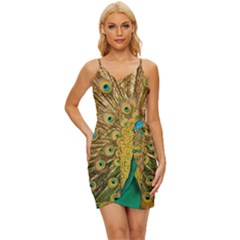 Peacock Feather Bird Peafowl Wrap Tie Front Dress by Cemarart