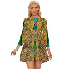 Peacock Feather Bird Peafowl Long Sleeve Babydoll Dress by Cemarart