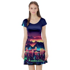 Cityscape Building Painting 3d City Illustration Short Sleeve Skater Dress by Bedest