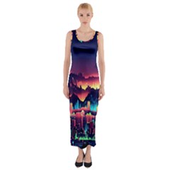 Cityscape Building Painting 3d City Illustration Fitted Maxi Dress