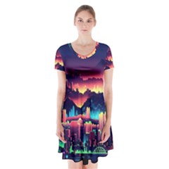 Cityscape Building Painting 3d City Illustration Short Sleeve V-neck Flare Dress by Bedest