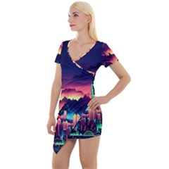 Cityscape Building Painting 3d City Illustration Short Sleeve Asymmetric Mini Dress by Bedest