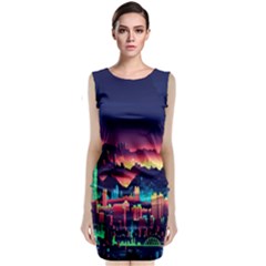 Cityscape Building Painting 3d City Illustration Sleeveless Velvet Midi Dress by Bedest