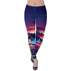 Cityscape Building Painting 3d City Illustration Velvet Leggings by Bedest