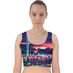 Cityscape Building Painting 3d City Illustration Velvet Racer Back Crop Top by Bedest