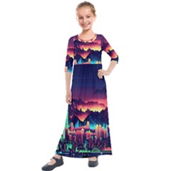 Cityscape Building Painting 3d City Illustration Kids  Quarter Sleeve Maxi Dress