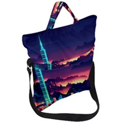 Cityscape Building Painting 3d City Illustration Fold Over Handle Tote Bag by Bedest