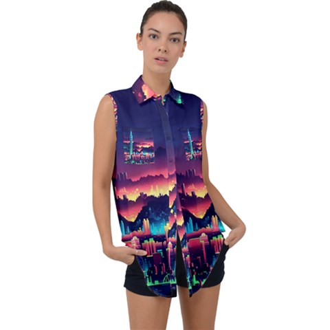 Cityscape Building Painting 3d City Illustration Sleeveless Chiffon Button Shirt by Bedest