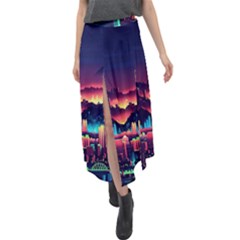 Cityscape Building Painting 3d City Illustration Velour Split Maxi Skirt by Bedest