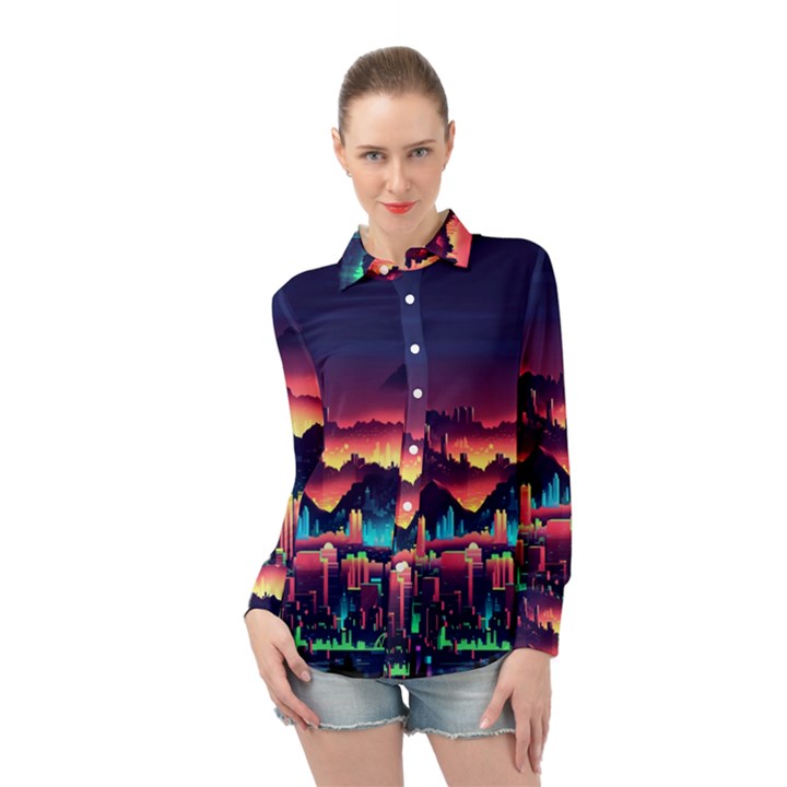 Cityscape Building Painting 3d City Illustration Long Sleeve Chiffon Shirt