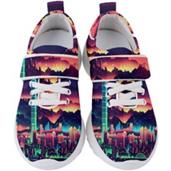 Cityscape Building Painting 3d City Illustration Kids  Velcro Strap Shoes by Bedest