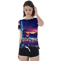 Cityscape Building Painting 3d City Illustration Short Sleeve Open Back T-shirt by Bedest