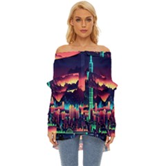 Cityscape Building Painting 3d City Illustration Off Shoulder Chiffon Pocket Shirt by Bedest