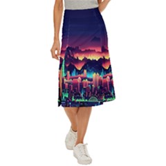 Cityscape Building Painting 3d City Illustration Midi Panel Skirt by Bedest