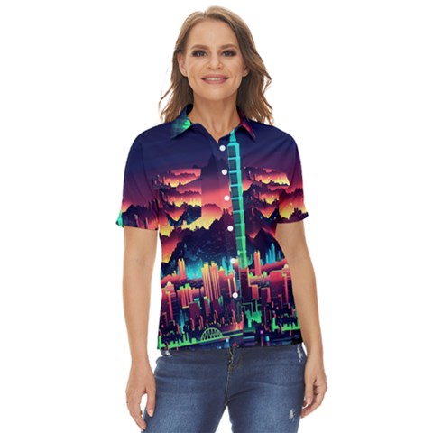 Cityscape Building Painting 3d City Illustration Women s Short Sleeve Double Pocket Shirt by Bedest