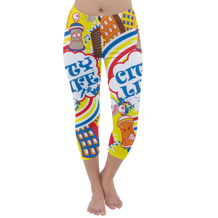 Colorful City Life Horizontal Seamless Pattern Urban City Capri Winter Leggings 