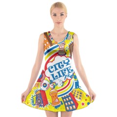 Colorful City Life Horizontal Seamless Pattern Urban City V-neck Sleeveless Dress by Bedest