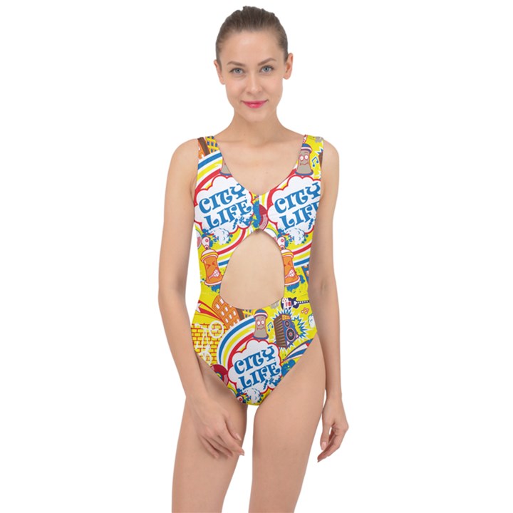 Colorful City Life Horizontal Seamless Pattern Urban City Center Cut Out Swimsuit