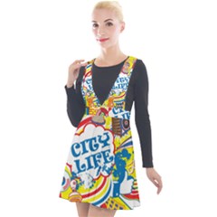 Colorful City Life Horizontal Seamless Pattern Urban City Plunge Pinafore Velour Dress by Bedest