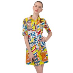 Colorful City Life Horizontal Seamless Pattern Urban City Belted Shirt Dress by Bedest