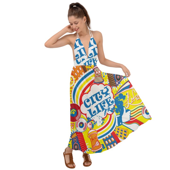 Colorful City Life Horizontal Seamless Pattern Urban City Backless Maxi Beach Dress