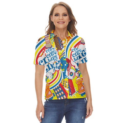 Colorful City Life Horizontal Seamless Pattern Urban City Women s Short Sleeve Double Pocket Shirt by Bedest