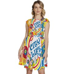 Colorful City Life Horizontal Seamless Pattern Urban City Cap Sleeve High Waist Dress by Bedest