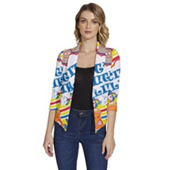 Colorful City Life Horizontal Seamless Pattern Urban City Women s Draped Front 3/4 Sleeve Shawl Collar Jacket by Bedest