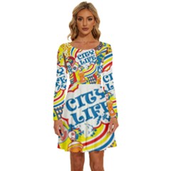 Colorful City Life Horizontal Seamless Pattern Urban City Long Sleeve Wide Neck Velvet Dress by Bedest