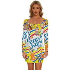 Colorful City Life Horizontal Seamless Pattern Urban City Long Sleeve Square Neck Bodycon Velvet Dress by Bedest