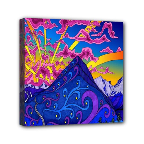 Blue And Purple Mountain Painting Psychedelic Colorful Lines Mini Canvas 6  X 6  (stretched) by Bedest