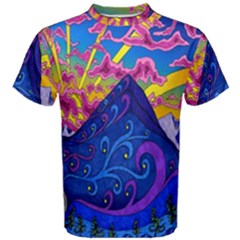 Blue And Purple Mountain Painting Psychedelic Colorful Lines Men s Cotton T-shirt by Bedest