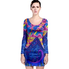 Blue And Purple Mountain Painting Psychedelic Colorful Lines Long Sleeve Bodycon Dress by Bedest