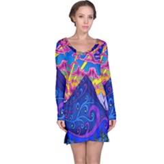 Blue And Purple Mountain Painting Psychedelic Colorful Lines Long Sleeve Nightdress by Bedest