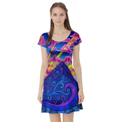 Blue And Purple Mountain Painting Psychedelic Colorful Lines Short Sleeve Skater Dress by Bedest