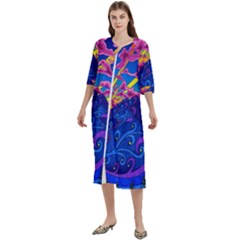 Blue And Purple Mountain Painting Psychedelic Colorful Lines Women s Cotton 3/4 Sleeve Night Gown by Bedest