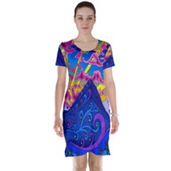 Blue And Purple Mountain Painting Psychedelic Colorful Lines Short Sleeve Nightdress by Bedest