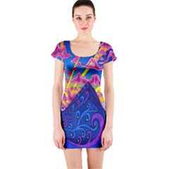 Blue And Purple Mountain Painting Psychedelic Colorful Lines Short Sleeve Bodycon Dress by Bedest