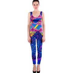 Blue And Purple Mountain Painting Psychedelic Colorful Lines One Piece Catsuit by Bedest