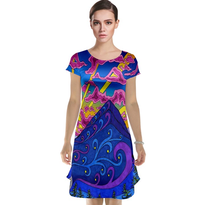 Blue And Purple Mountain Painting Psychedelic Colorful Lines Cap Sleeve Nightdress