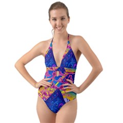 Blue And Purple Mountain Painting Psychedelic Colorful Lines Halter Cut-out One Piece Swimsuit by Bedest