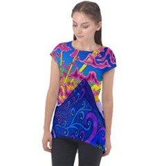 Blue And Purple Mountain Painting Psychedelic Colorful Lines Cap Sleeve High Low Top by Bedest