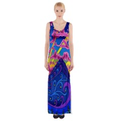 Blue And Purple Mountain Painting Psychedelic Colorful Lines Thigh Split Maxi Dress by Bedest