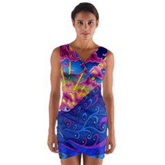 Blue And Purple Mountain Painting Psychedelic Colorful Lines Wrap Front Bodycon Dress by Bedest