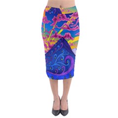 Blue And Purple Mountain Painting Psychedelic Colorful Lines Midi Pencil Skirt by Bedest